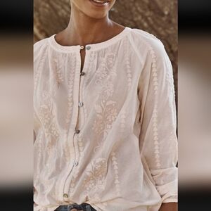 J. Jill Pale Blush Embroidered Button-Front Peasant Blouse